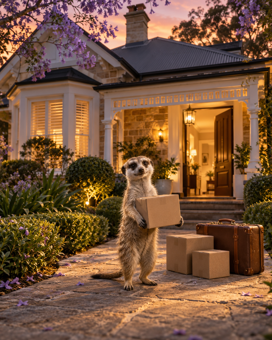 A realistic generated scene of a meerkat carrying a moving box outside a beautiful sandstone Sydney home at dusk, with a suitcase by the front path.